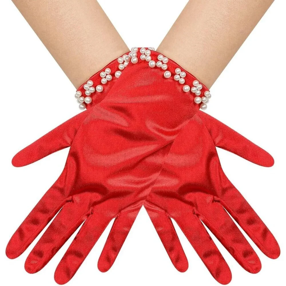 Women's Red Satin Pearl Short Length Wrist Gloves Wedding Banquet Party Prom